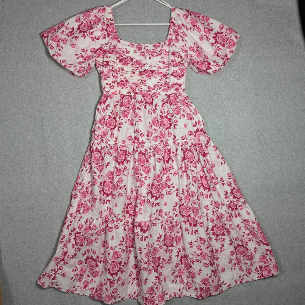 Kings Road Floral Midi Dress Medium Smocked Puff Sleeve Garden Party Wedding